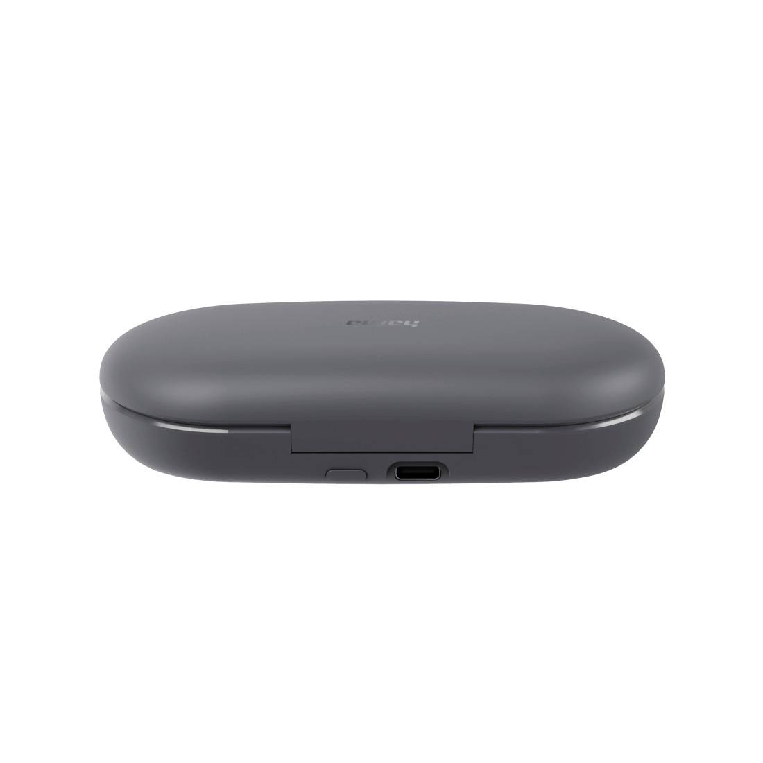 Geschlossenes dunkelgraues ovales Ladegehäuse mit einem vorderen USB-C-Anschluss und kleinem Knopf, gezeigt auf weißem Hintergrund.