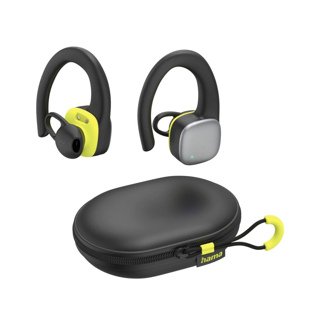 Kabellose In-Ear-Kopfhörer mit Ohrbügeln und schwarzem Reißverschluss-Etui mit der Aufschrift „hama