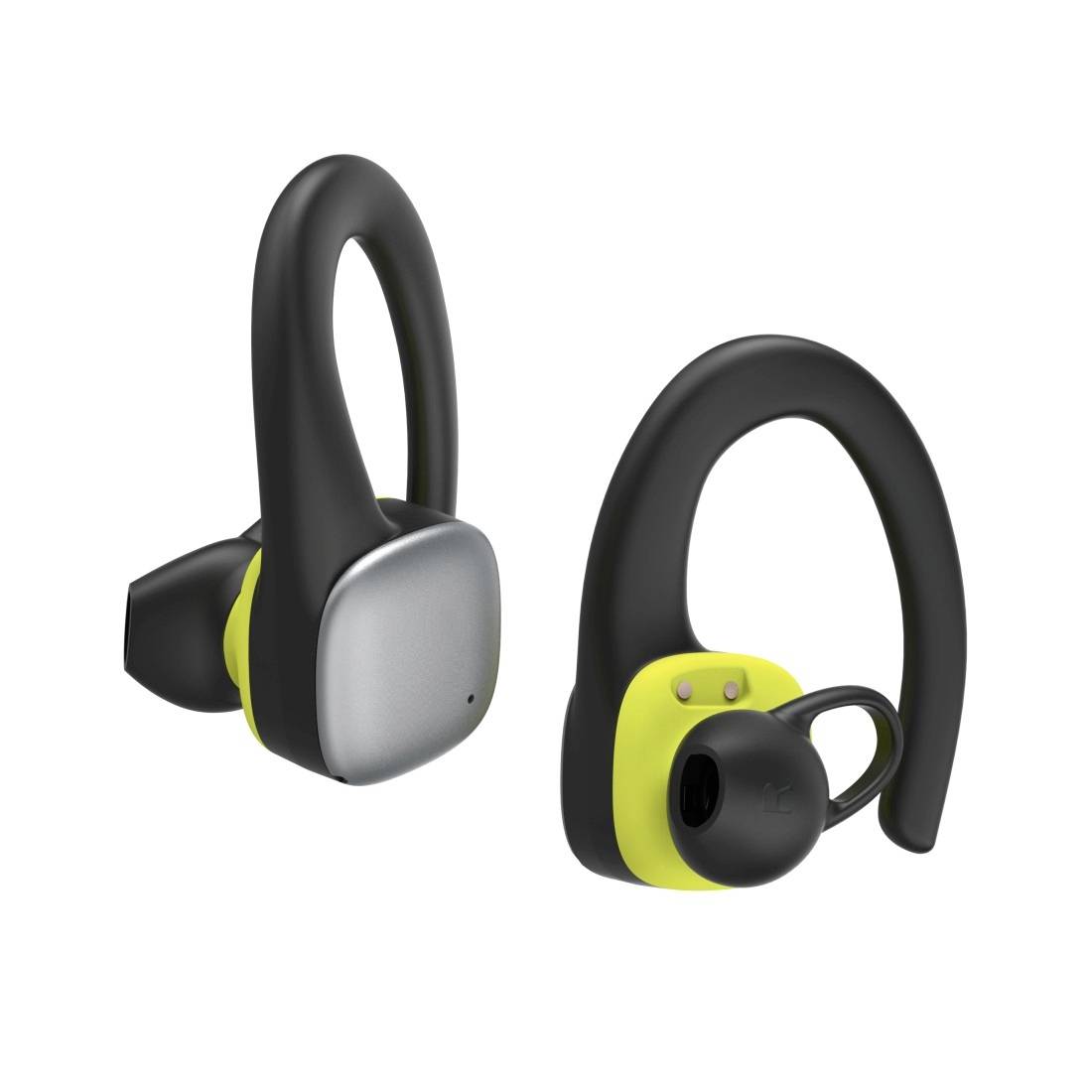 Paar drahtloser Over-Ear-Sport-Ohrhörer mit schwarzen Ohrbügeln und silber/gelben Ohrhörer-Modulen auf weißem Hintergrund.