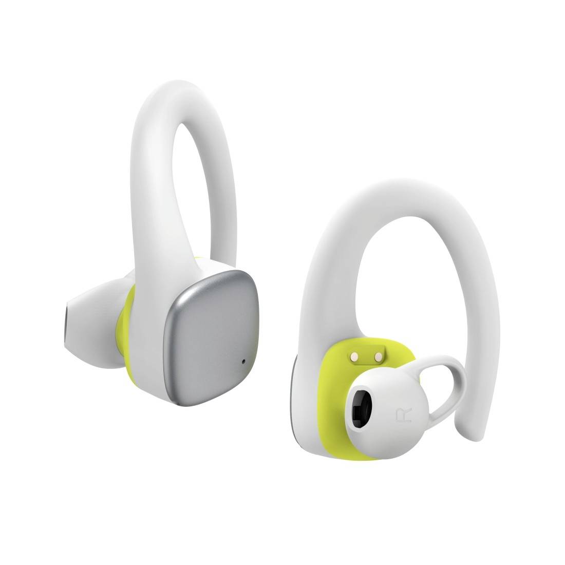 Paar weiße kabellose Ohrbügel-Ohrhörer mit grauen und grünen Akzenten, von zwei Winkeln auf weißem Hintergrund gezeigt.