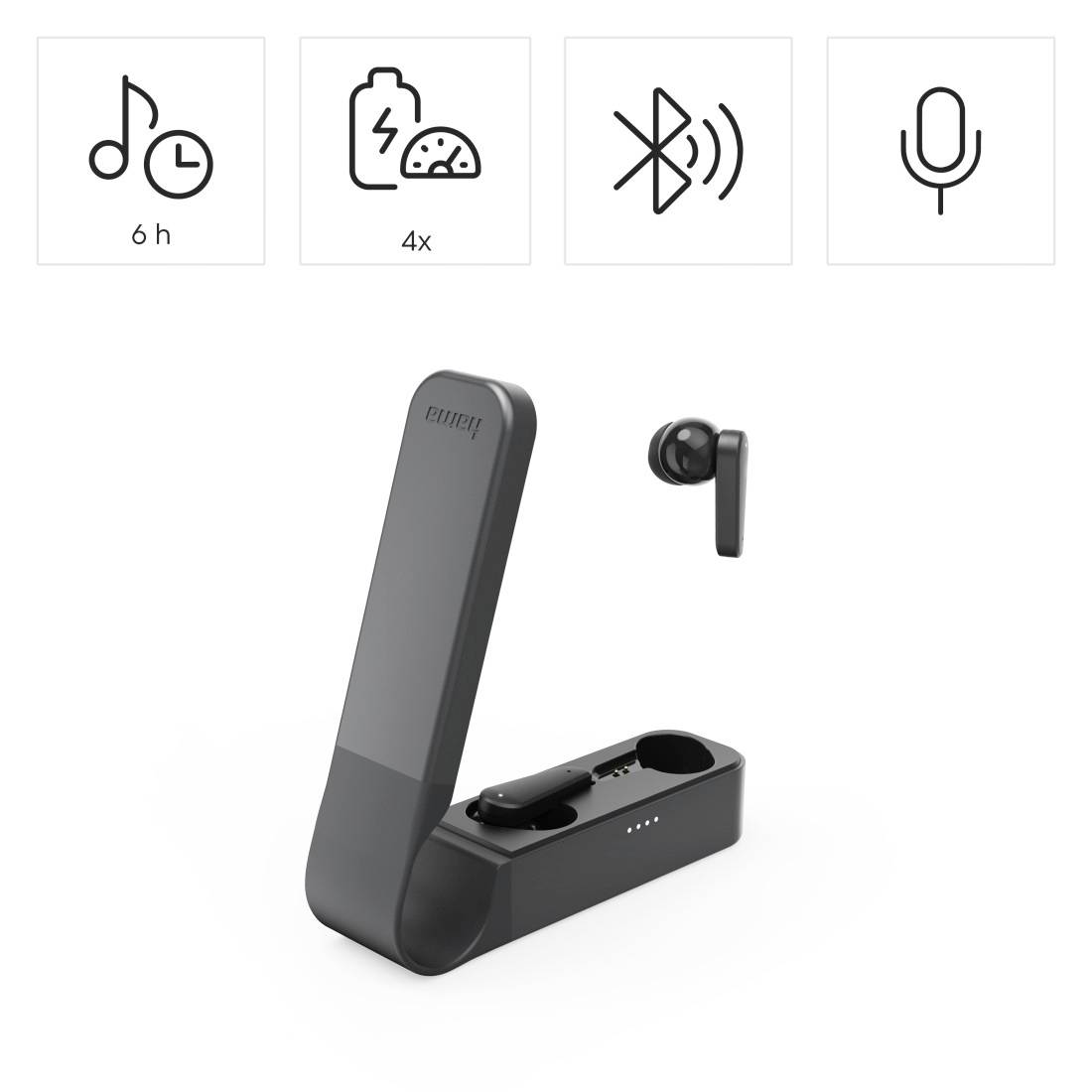 Drahtlose Ohrhörer-Ladehülle mit einem angezeigten Ohrhörer; Symbole zeigen 6 Stunden Spielzeit, 4x Aufladung, Bluetooth und Mikrofon an.