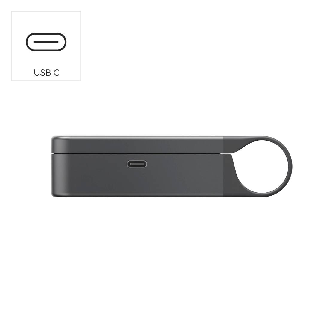 Kompaktes schwarzes USB-C-Gerät in Profilansicht mit einem zentrierten USB-C-Anschluss und einer kreisförmigen Schlaufengriff auf der rechten Seite.