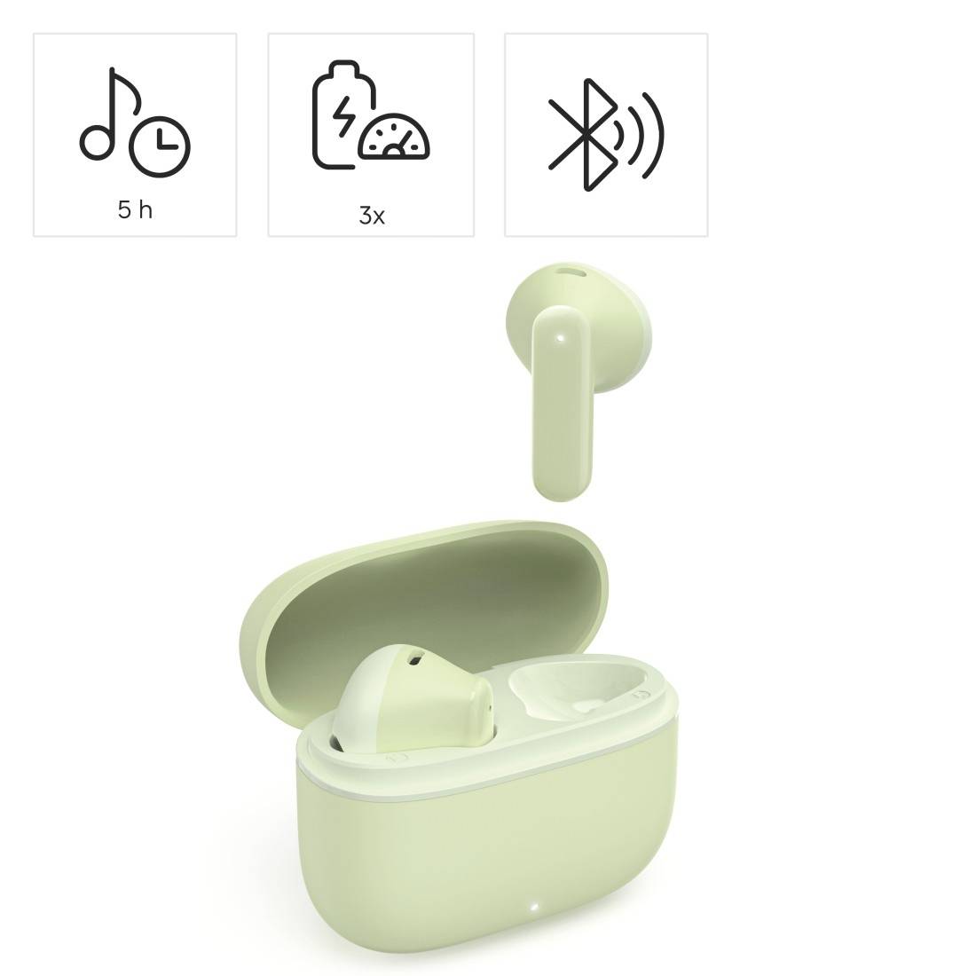 Abbildung eines hellgrünen kabellosen Ohrhörer-Ladeetuis mit einem schwebenden Ohrhörer darüber; Symbole zeigen 5-Stunden-Akku, 3x Laden und Bluetooth-Konnektivität.