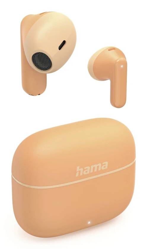 Orange Hama kabellose Ohrhörer mit Ladecase, von mehreren Winkeln auf weißem Hintergrund gezeigt.