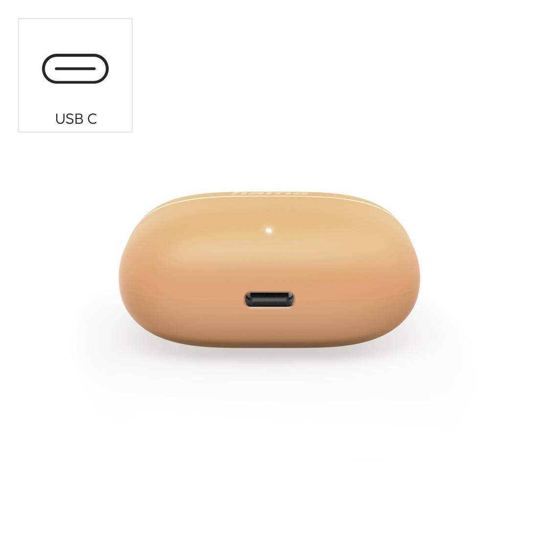 Beige kabelloses Ladeetui in Vorderansicht mit USB-C-Ladeanschluss; eingeblendetes Symbol kennzeichnet den Anschluss als „USB C