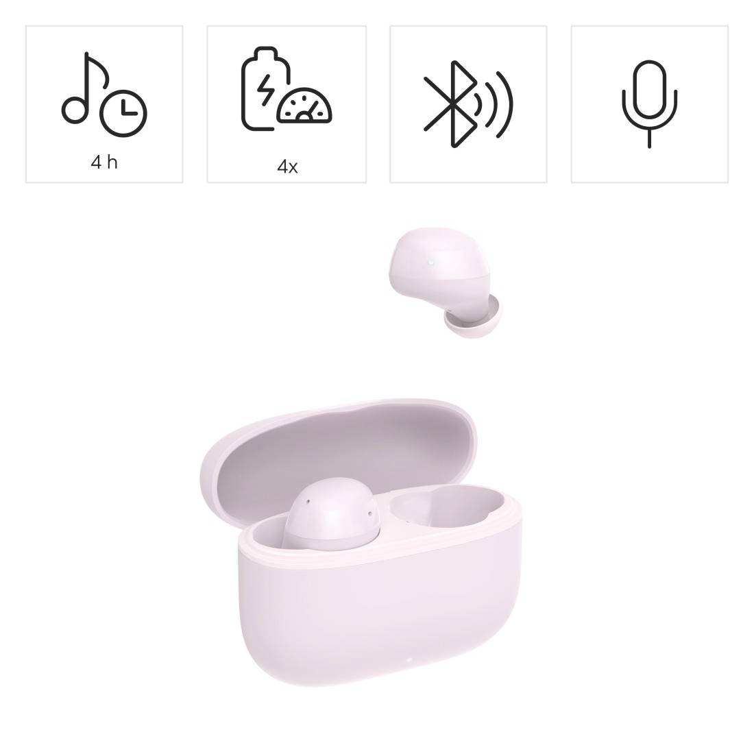 Illustration von kabellosen Ohrhörern in einem Ladeetui mit Symbolen für 4 Stunden Akkulaufzeit, 4-faches Laden, Bluetooth und Mikrofon-Unterstützung.