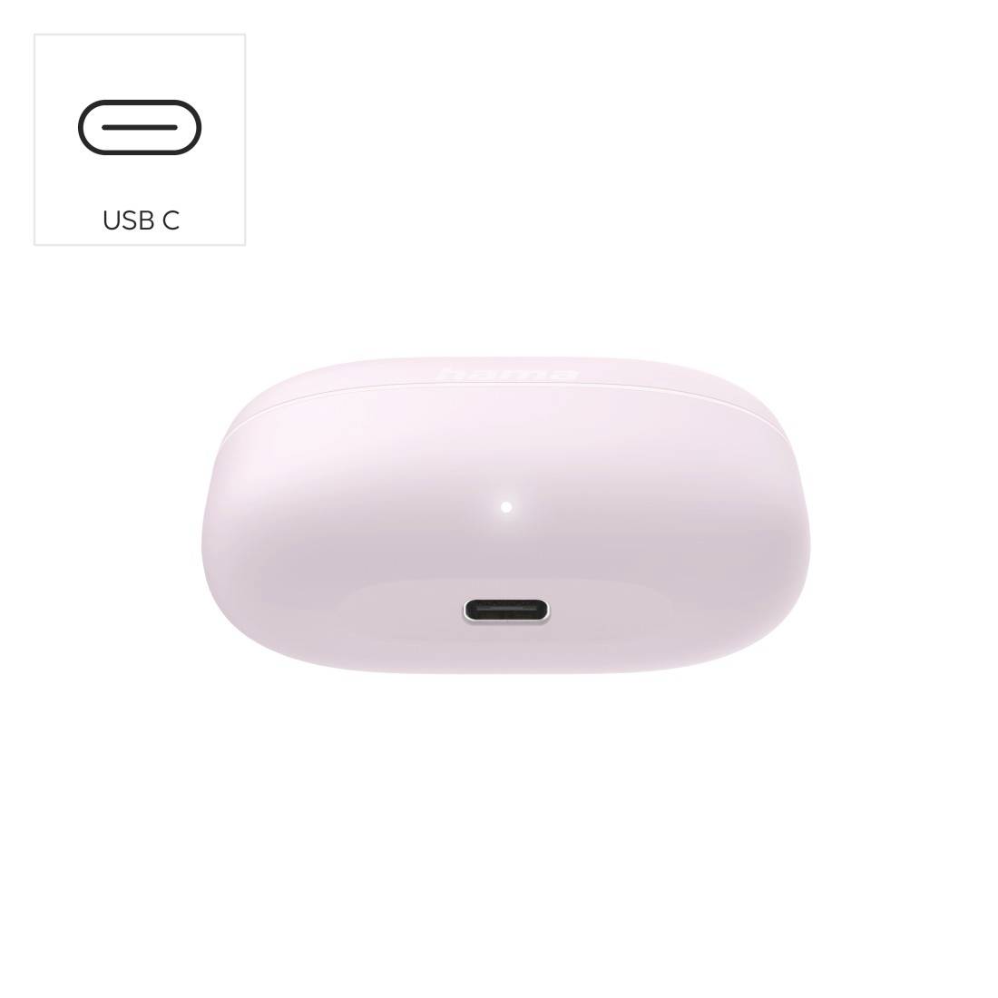 Pastellrosa Ladeetui mit USB-C-Anschluss; eingefügte Symbole beschriften den Anschluss mit „USB C