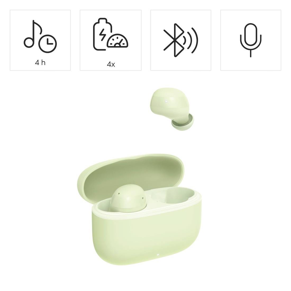 Grüne kabellose Ohrhörer in offener Ladehulle mit Symbolen für 4-Stunden-Akku, 4x Ladung, Bluetooth und Mikrofon.