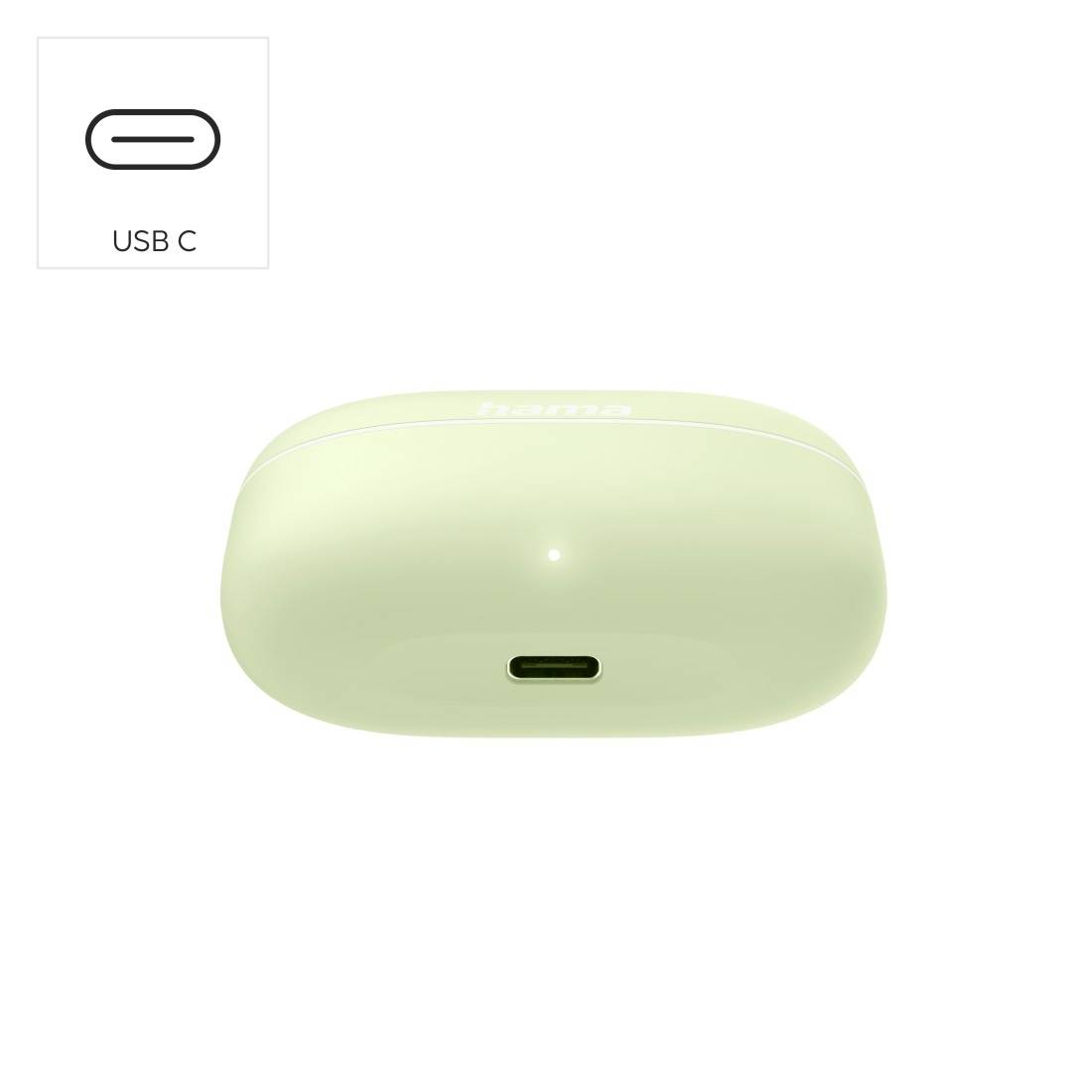 Glänzendes hellgrünes ovales Ladeetui mit USB-C-Anschluss; eingefügtes Symbol kennzeichnet den Anschluss mit „USB C