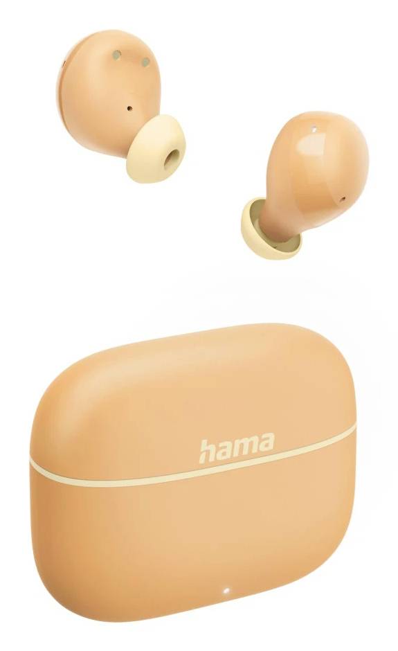 Zwei beige kabellose Hama-Ohrhörer über einer passenden Ladeschale auf weißem Hintergrund.