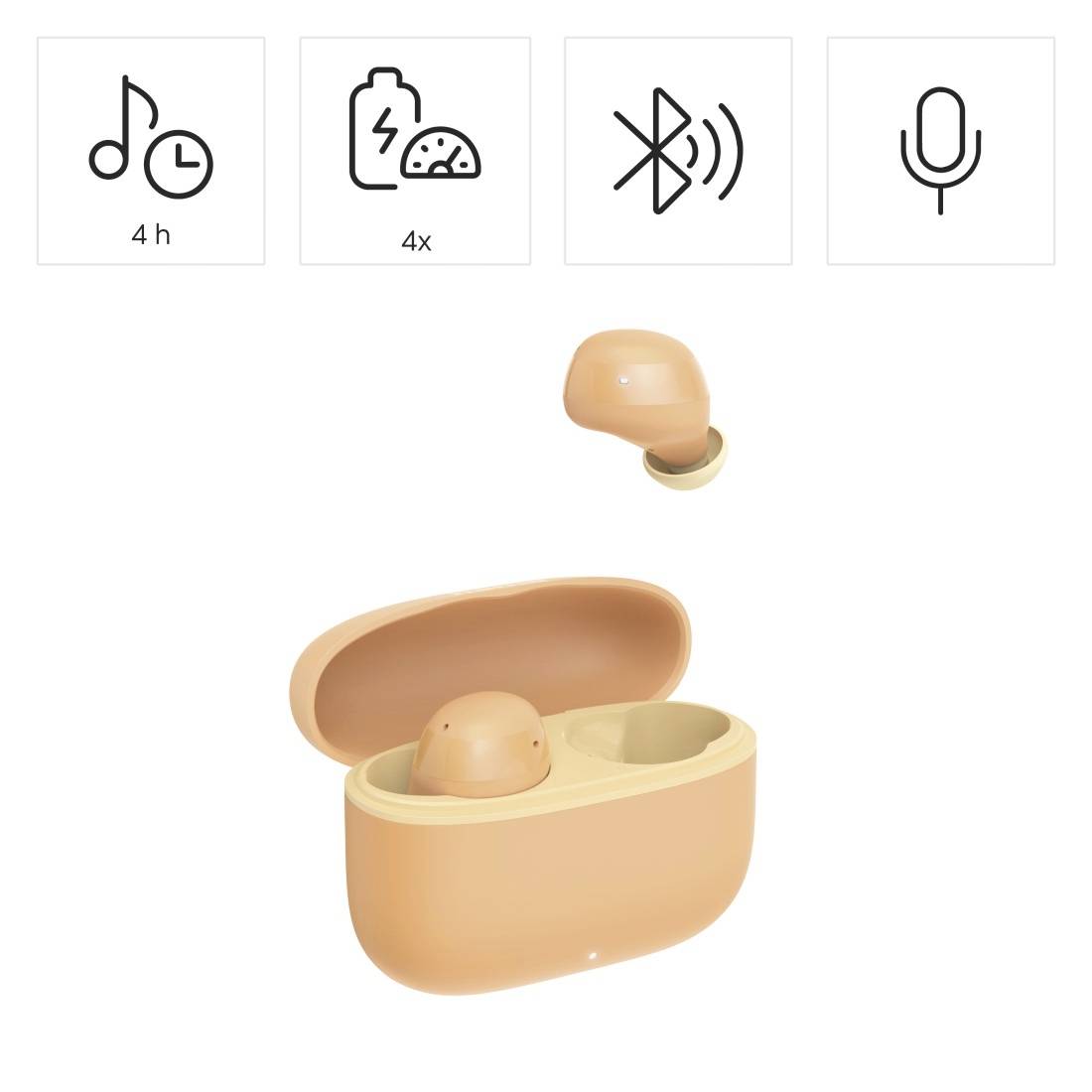 Kabellose Ohrhörer in einem offenen Ladeetui mit Symbolen für 4 Stunden Akkulaufzeit, 4 Ladevorgänge, Bluetooth und Mikrofon.