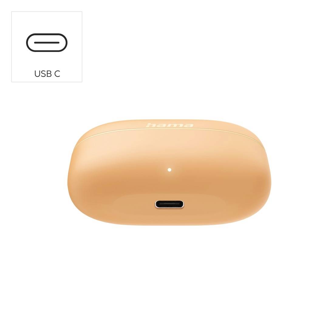 Orange-Ladeetui für Ohrhörer mit USB-C-Anschluss in Vorderansicht, plus eingefügtes Symbol mit der Bezeichnung „USB C