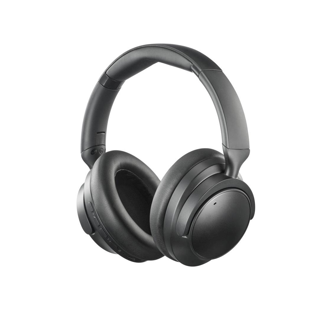 Schwarze kabellose Over-Ear-Kopfhörer isoliert auf weißem Hintergrund.