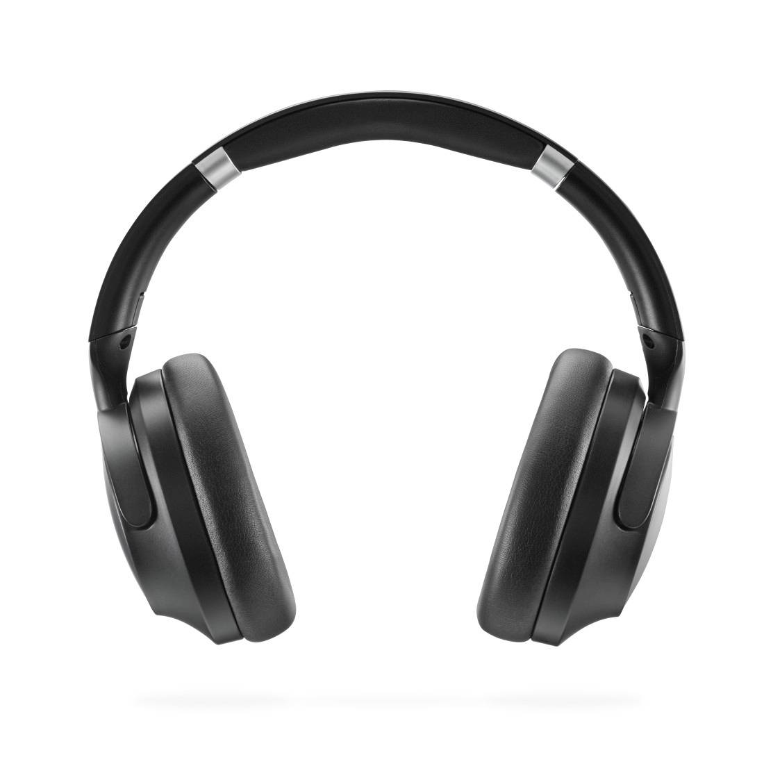 Schwarze Over-Ear-Kopfhörer mit gepolsterten Ohrmuscheln und gebogenem Kopfbügel auf weißem Hintergrund.