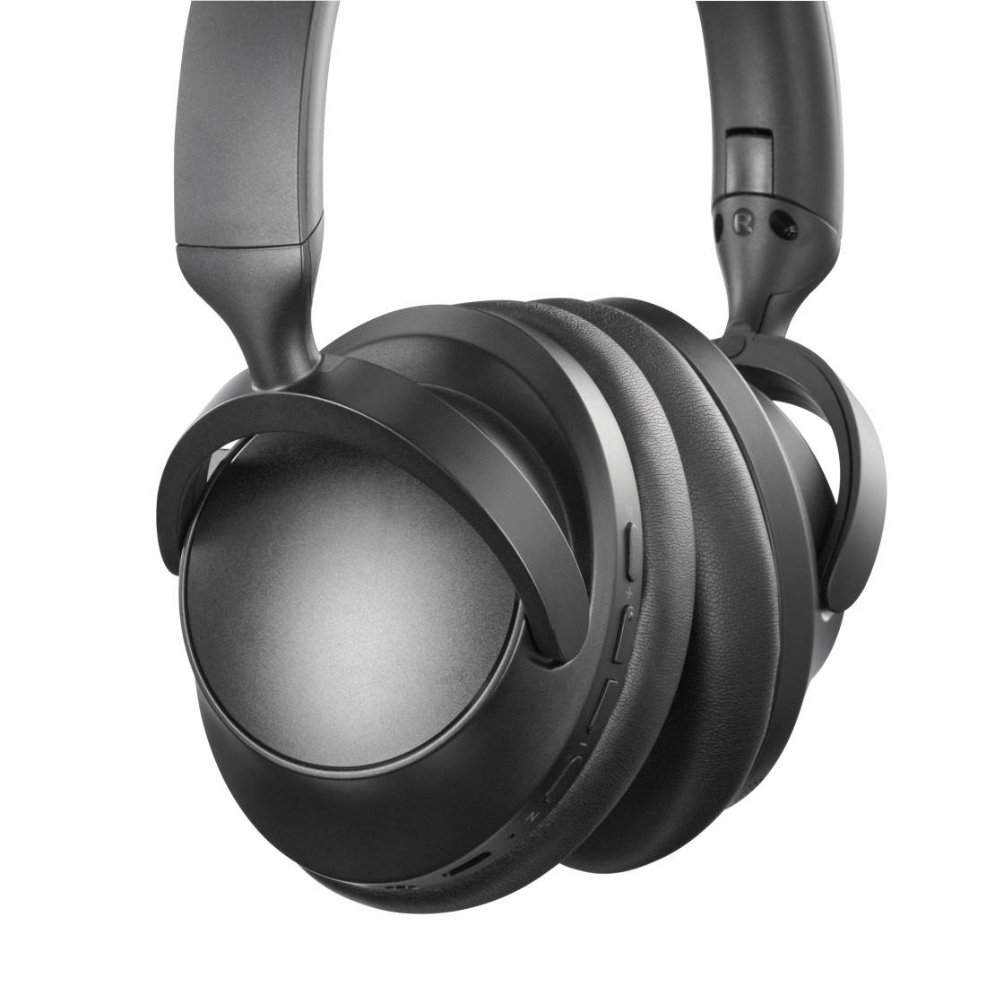 Schwarze kabellose Over-Ear-Kopfhörer auf weißem Hintergrund gezeigt, mit gepolsterten Ohrmuscheln und verstellbarem Kopfbügel.