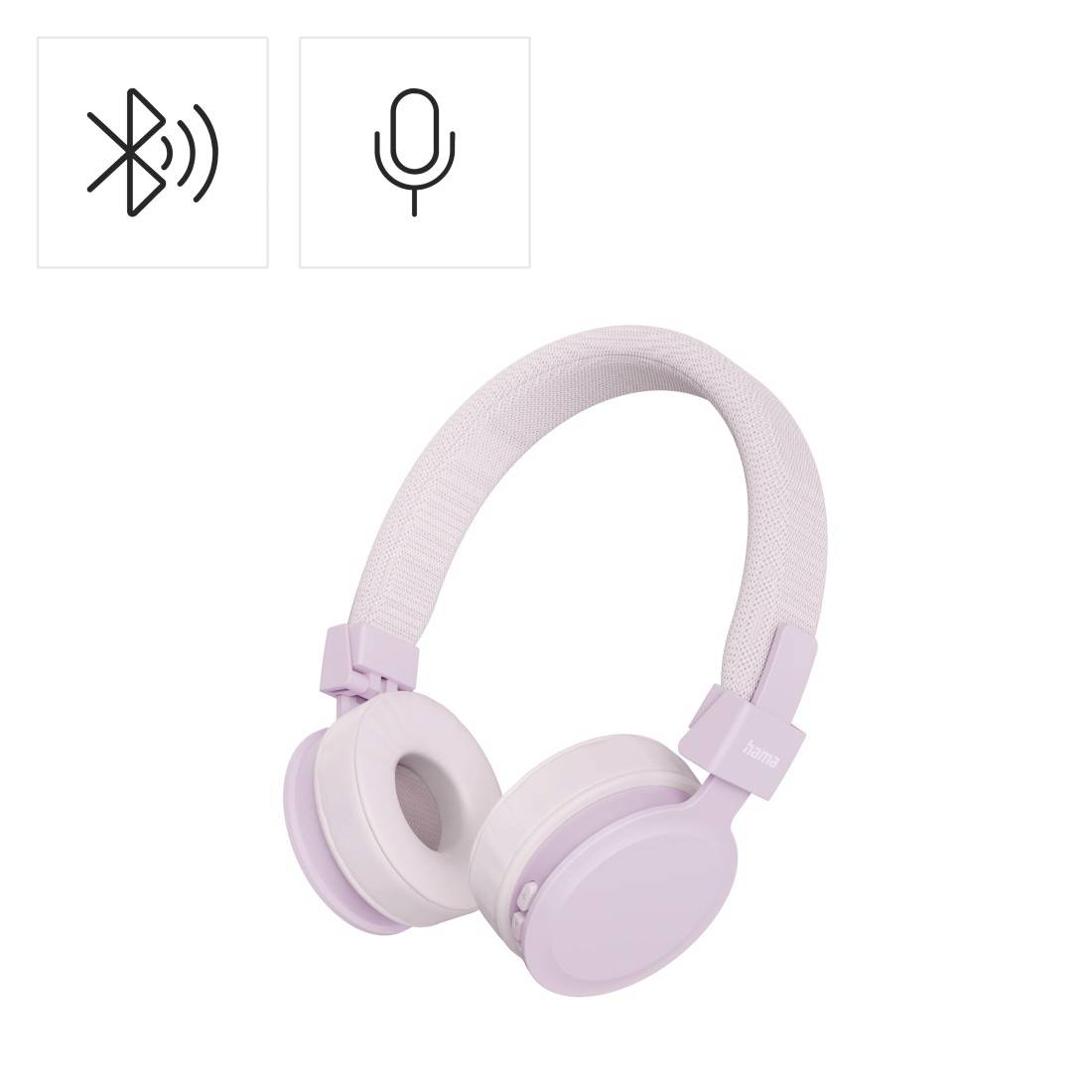 Kabellose Over-Ear-Kopfhörer in Lavendelfarbe mit Bluetooth- und Mikrofonsymbolen, die drahtlose Audioübertragung und Sprachunterstützung anzeigen.