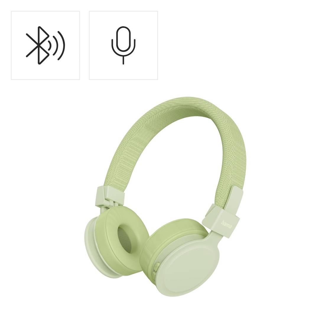 Hellgrüne kabellose Over-Ear-Kopfhörer mit Bluetooth- und Mikrofonsymbolen, die ein Bluetooth-Headset mit Mikrofonfunktion anzeigen.
