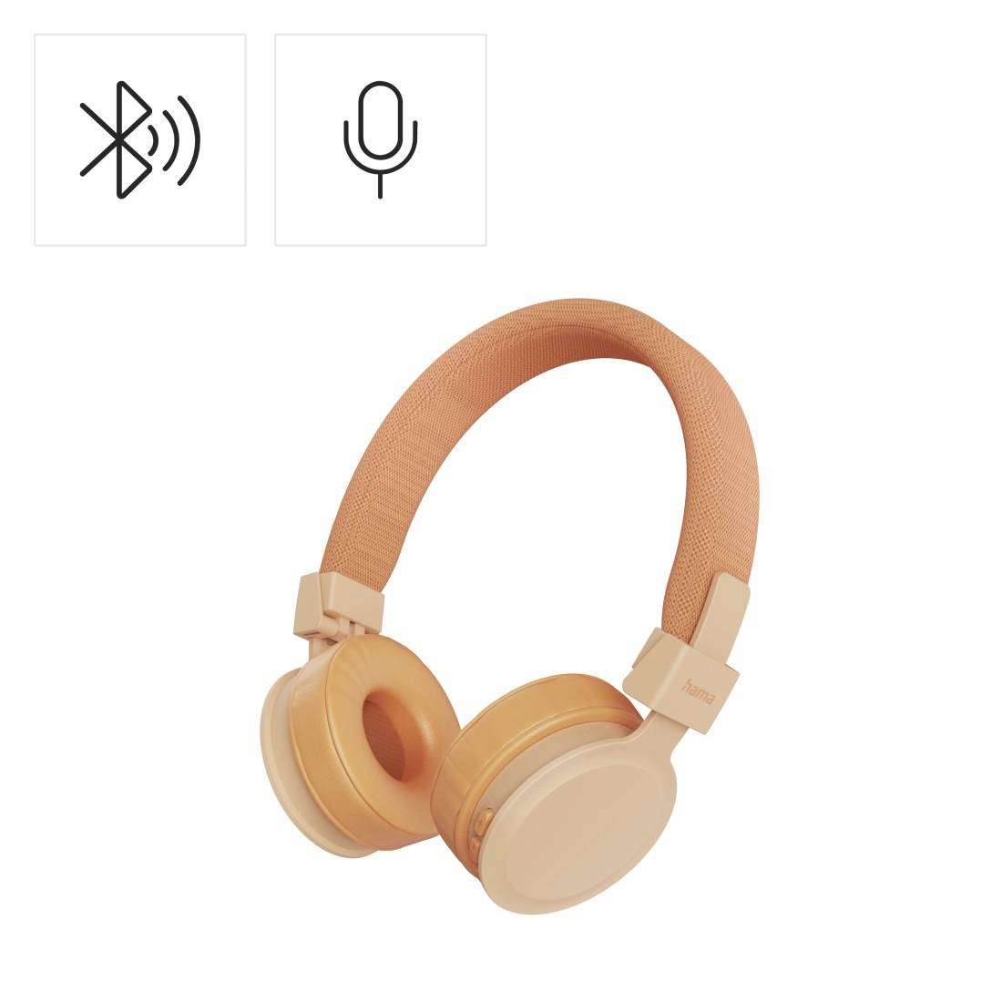 Kabellose Over-Ear-Kopfhörer mit Bluetooth- und Mikrofonsymbolen, in Beige auf weißem Hintergrund dargestellt.