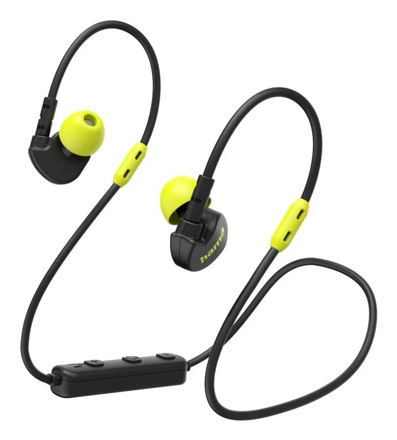 Schwarze und neongelbe kabellose In-Ear-Sport-Kopfhörer mit integriertem Inline-Bedienmodul auf weißem Hintergrund.