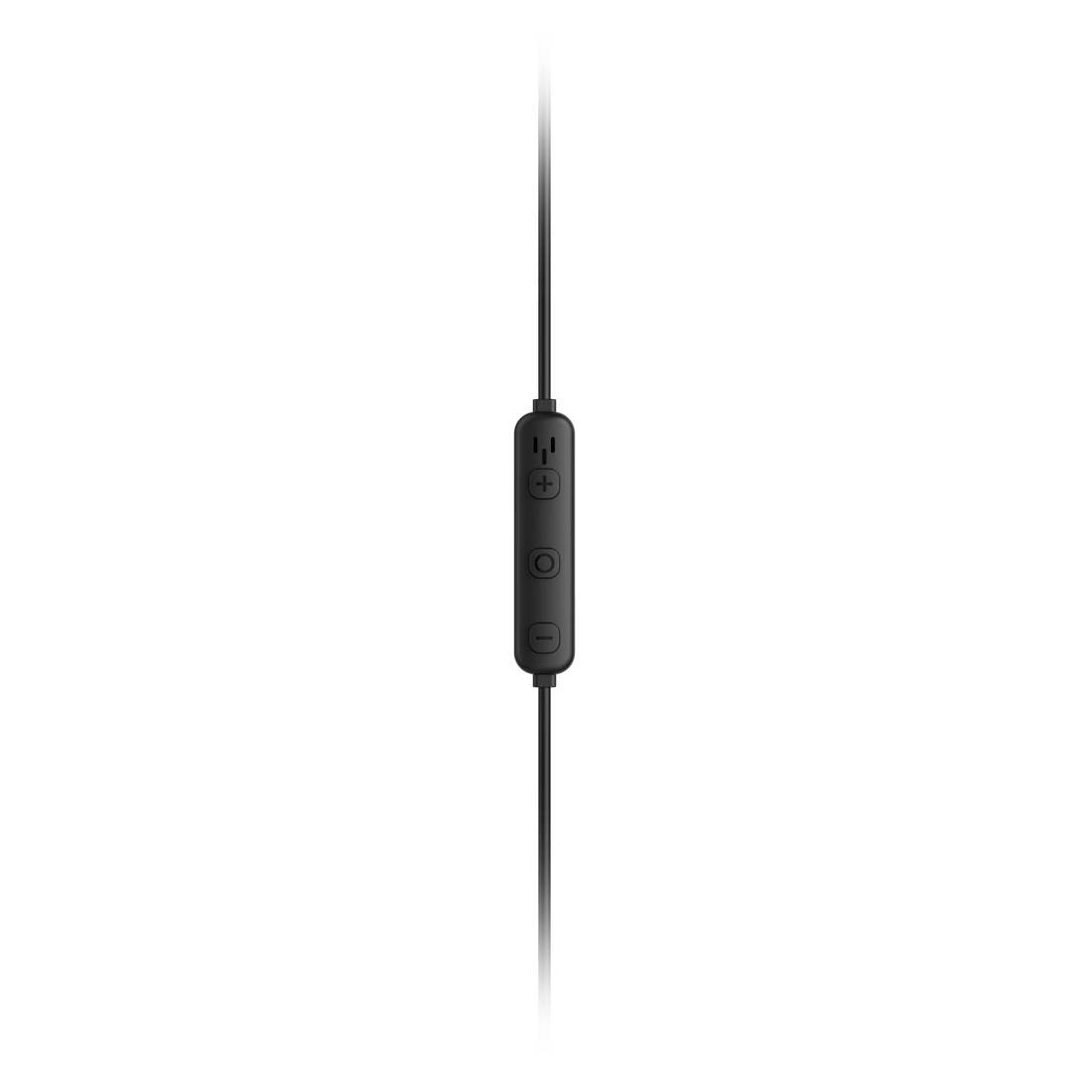 Inline-Fernbedienung mit schwarzen In-Ear-Kopfhörern mit drei Tasten an einem Kabel vor weißem Hintergrund.