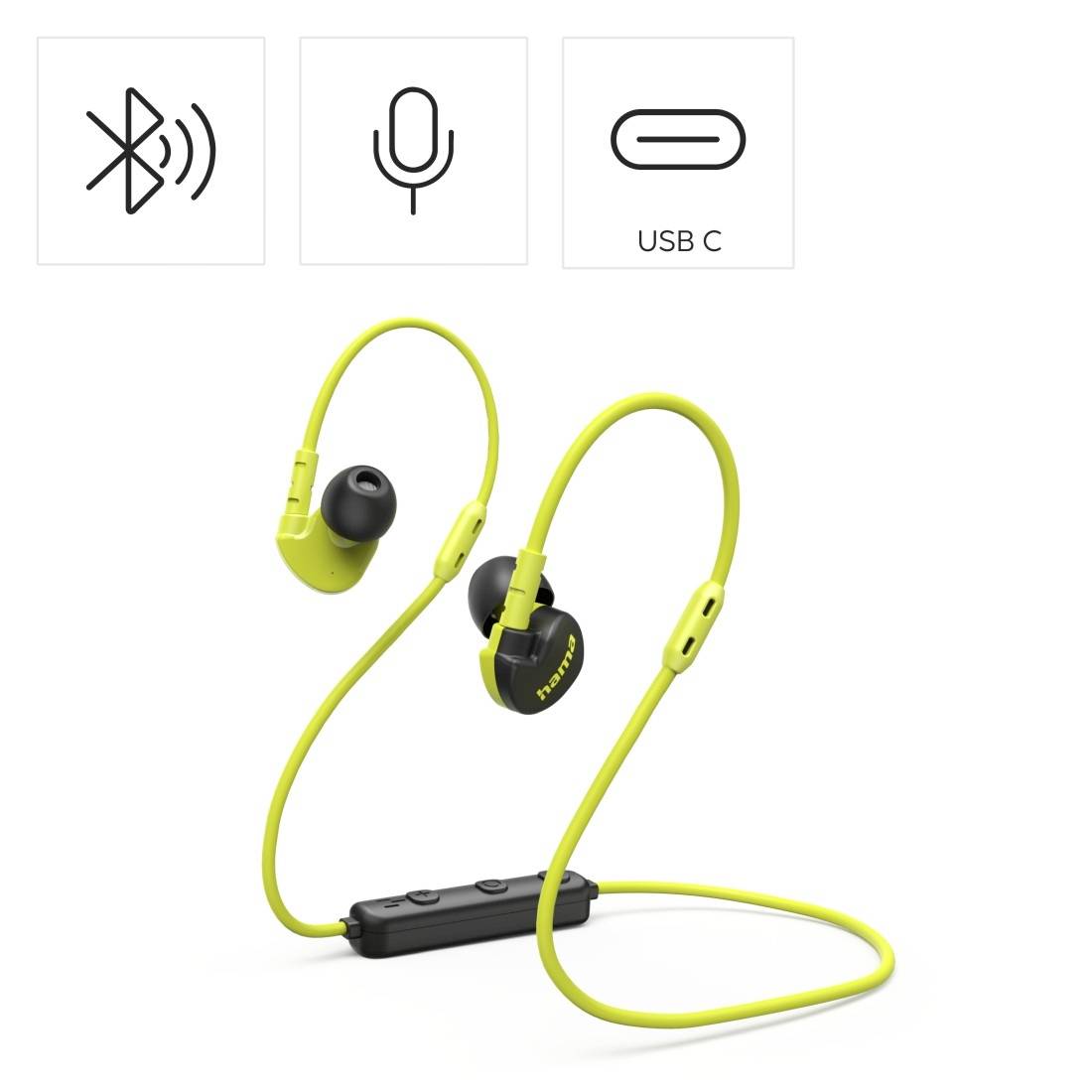 Kabellose Bluetooth-Nackenband-Ohrhörer mit eingebautem Mikrofon und USB-C-Aufladung, gezeigt in Limegrün mit Steuermodul.