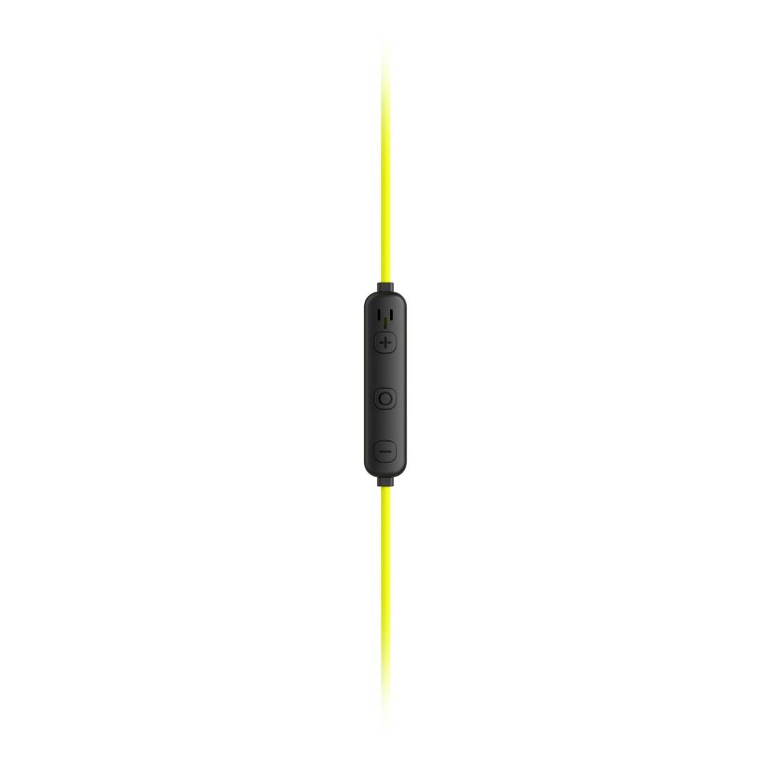 Schwarze Inline-Fernbedienung auf einem leuchtend gelben Kabel, zentriert auf einem schlichten weißen Hintergrund.