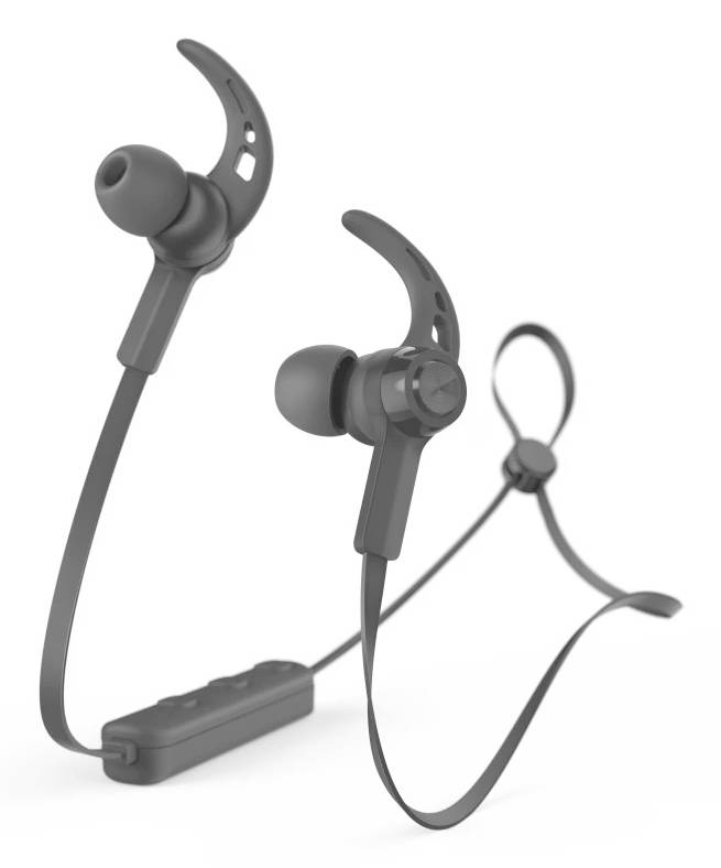 Zwei schwarze kabellose In-Ear-Sportohrhörer mit Ohrbügeln, verbunden durch ein Nackband und ein Inline-Steuermodul.