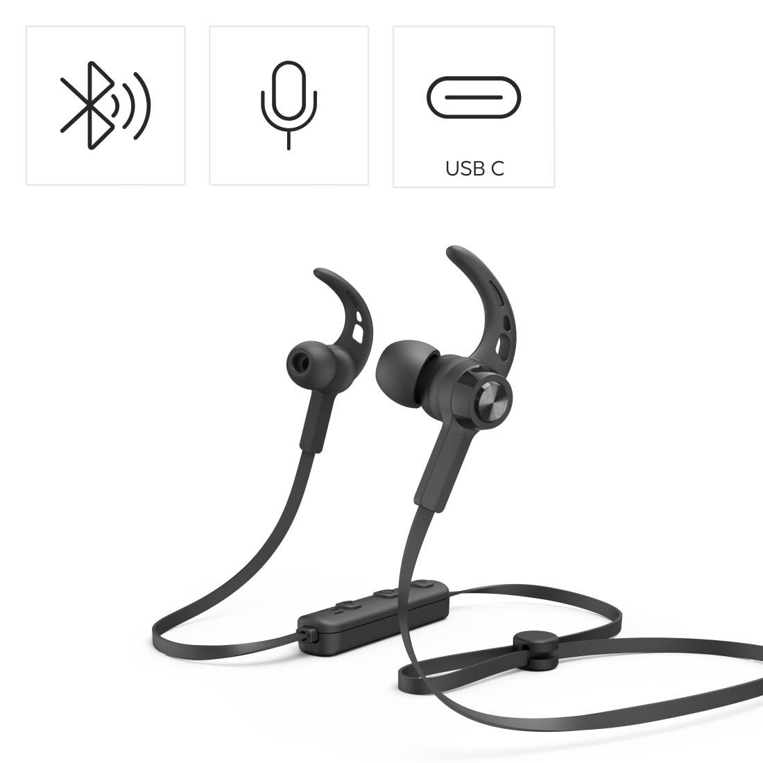 Schwarze kabellose Sport-Ohrhörer mit Bluetooth, integriertem Mikrofon und USB-C-Aufladung, dargestellt mit Steuermodul und Ohrbügeln.