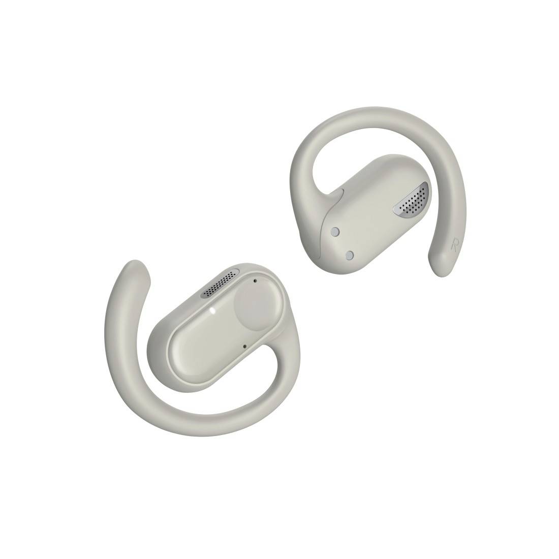 Zwei beige Over-Ear-Kopfhörer mit Wireless-Funktion, die auf weißem Hintergrund aus entgegengesetzten Winkeln gezeigt werden.