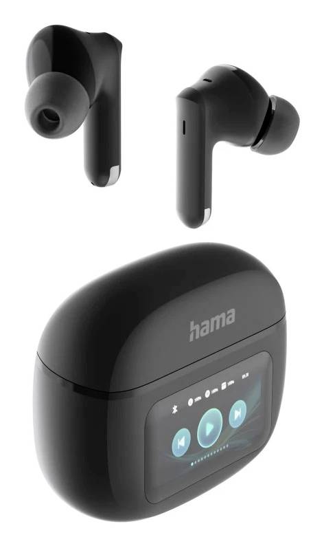 Schwarze kabellose Ohrhörer mit Ladecase, das ein kleines Touchscreen-Display und das Hama-Logo zeigt.