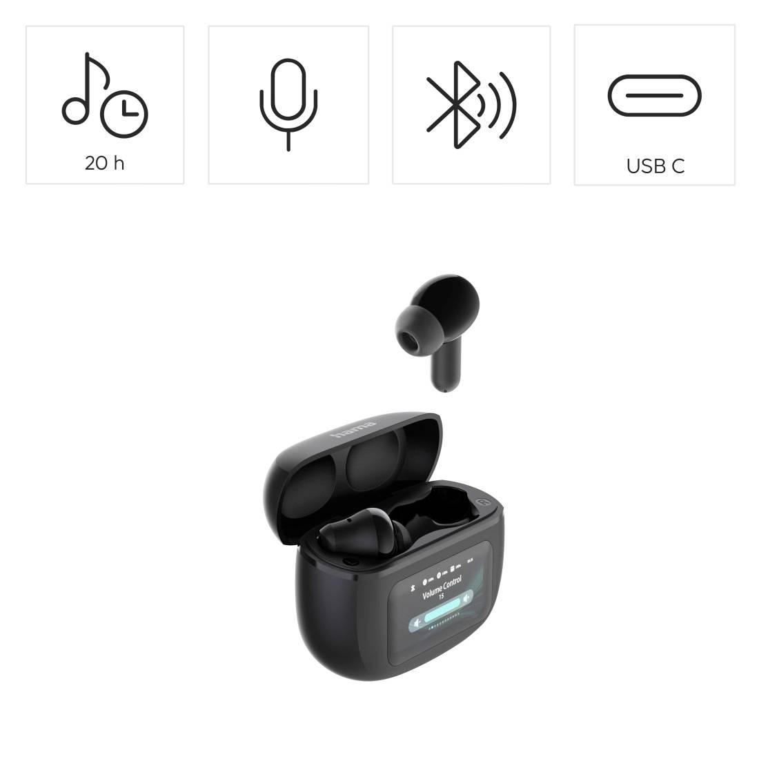Schwarze kabellose Ohrhörer in einem offenen Ladegehäuse mit Display; Symbole zeigen 20-Stunden-Akkulaufzeit, Mikrofon, Bluetooth und USB-C-Ladung.