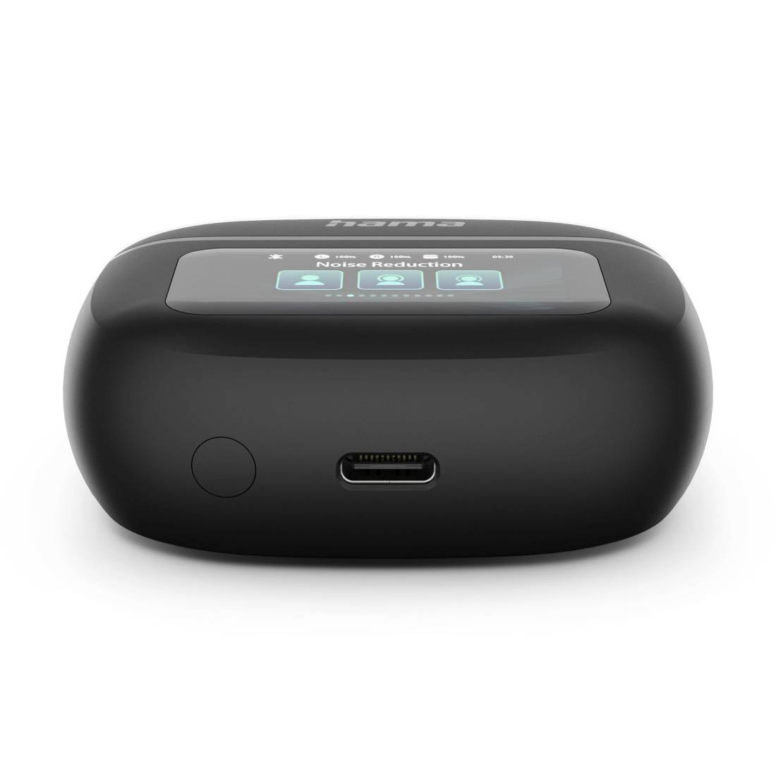 Schwarzes kabelloses Ohrhörer-Ladeetui mit USB-C-Anschluss an der Vorderseite, rundem Knopf und kleinem oberen Display mit Anzeige der Lärmschutzeinstellungen.