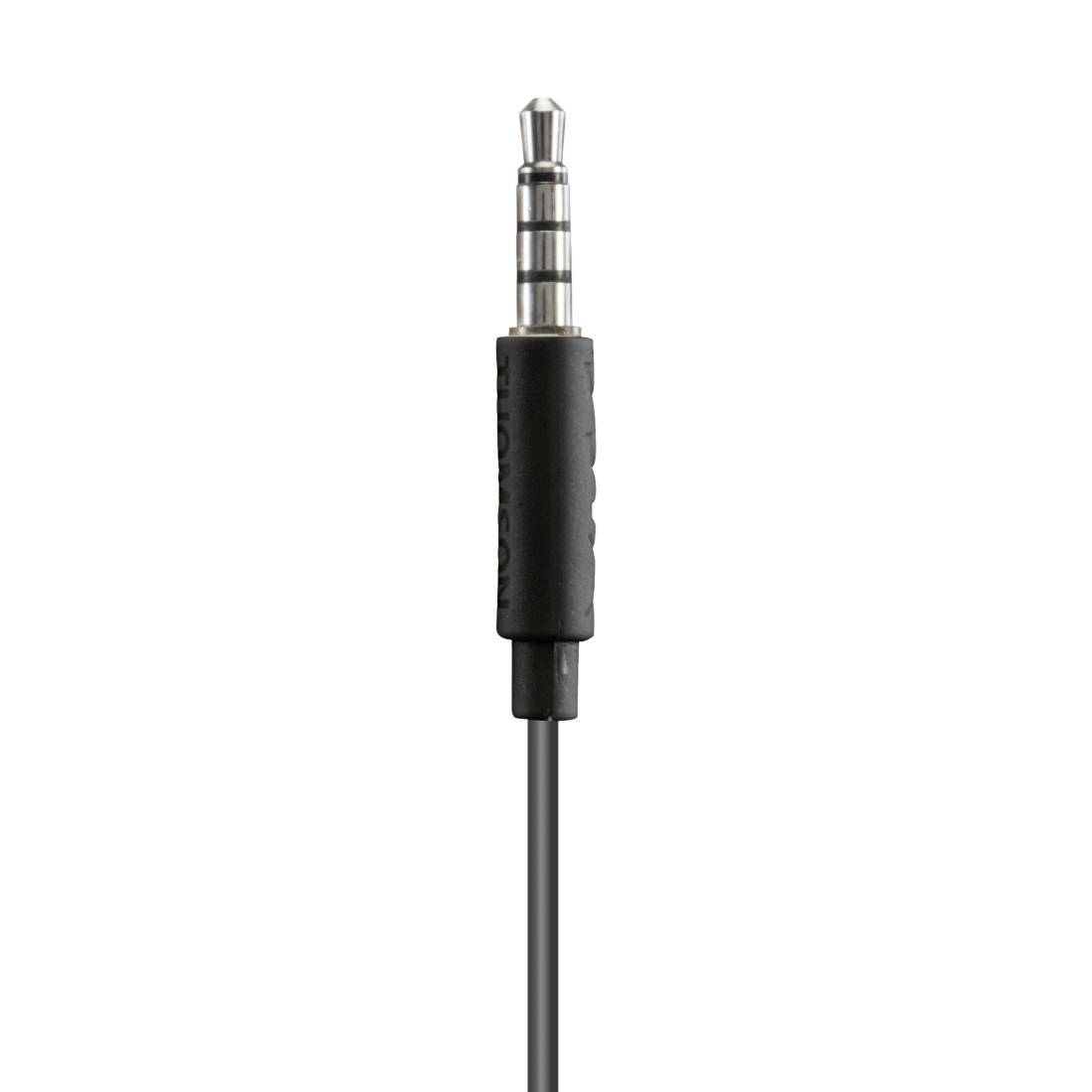 Ein schwarzer 3,5-mm-Audioklinken-Adapterkabel mit einem kurzen Stecker und einem langen dünnen Kabel auf weißem Hintergrund.