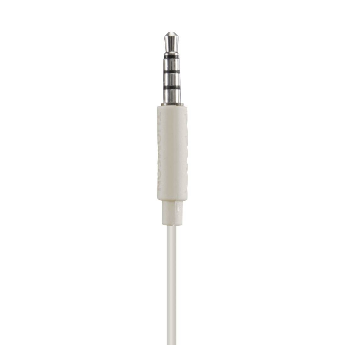 Weißes 3,5-mm-Audioklinken-Kabel mit Stecker auf einem einfachen Hintergrund, vertikal dargestellt.