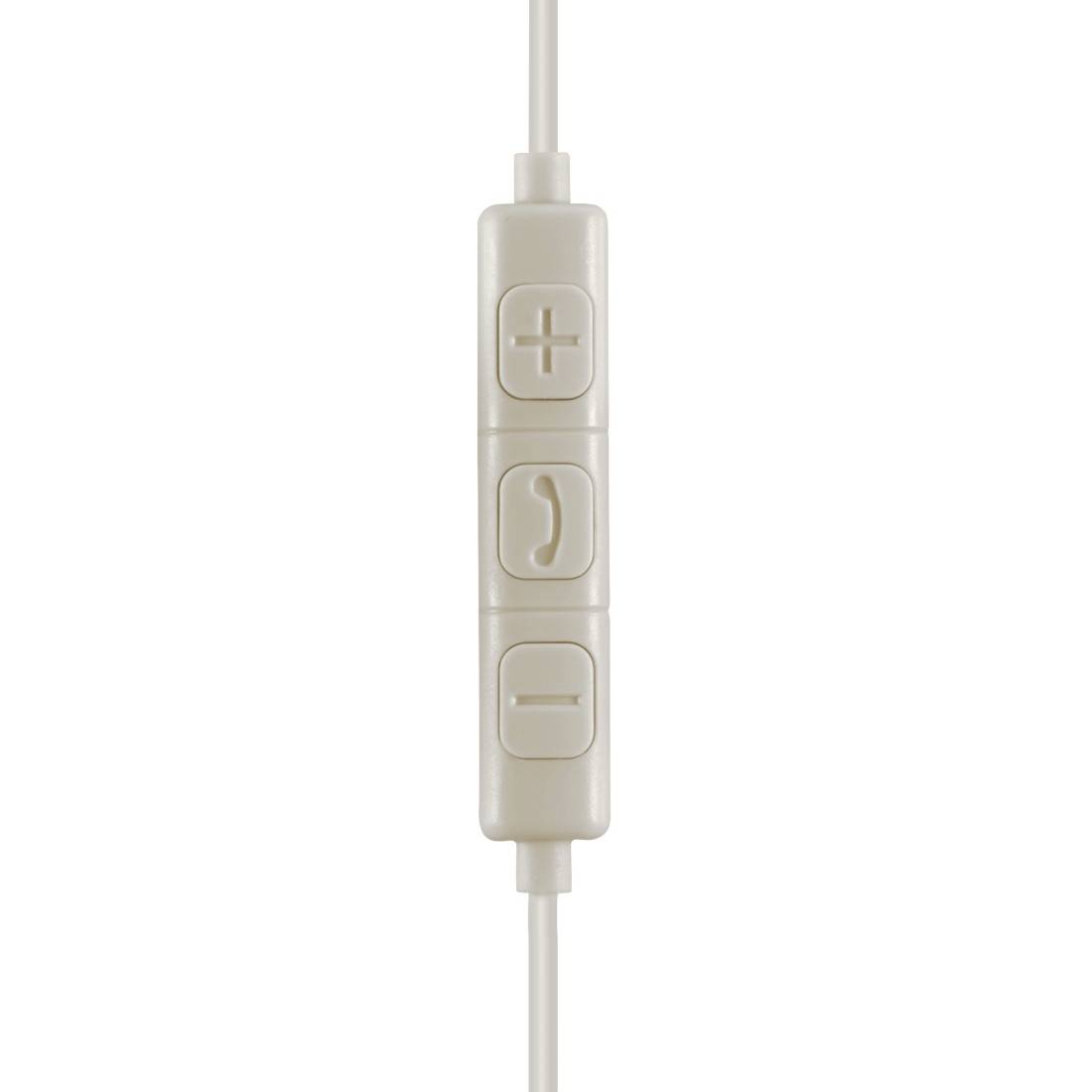 Kabelgebundene Kopfhörer-Fernbedienung mit Plus-, Telefon- und Minus-Tasten auf einem weißen Kabel