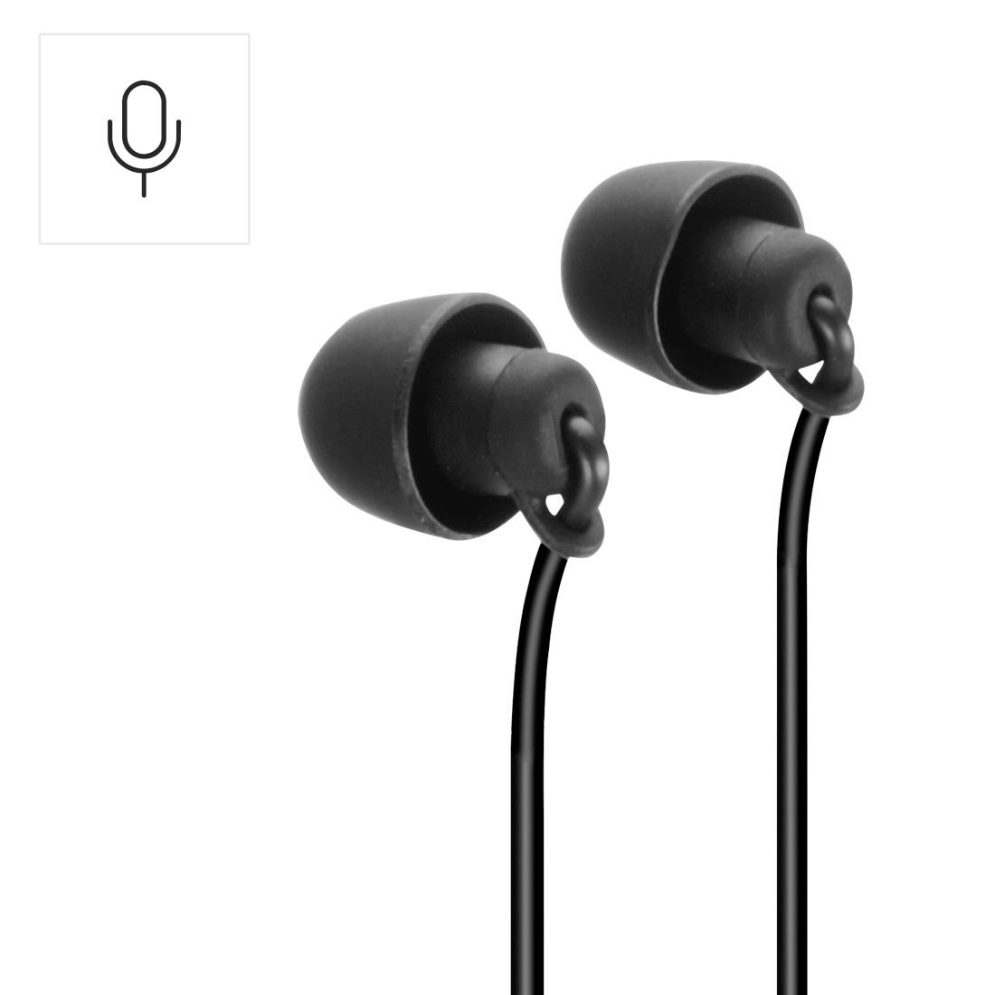 Schwarze kabelgebundene In-Ear-Ohrhörer mit Silikonaufsätzen, dargestellt auf weißem Hintergrund, mit einem kleinen Mikrofonsymbol in der Ecke.