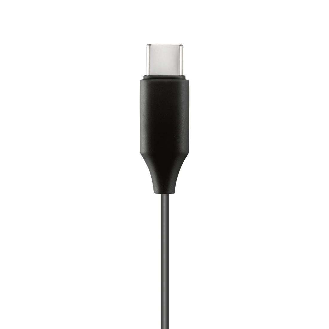 Schwarzes USB-C-Ladekabel mit Stecker vor weißem Hintergrund.