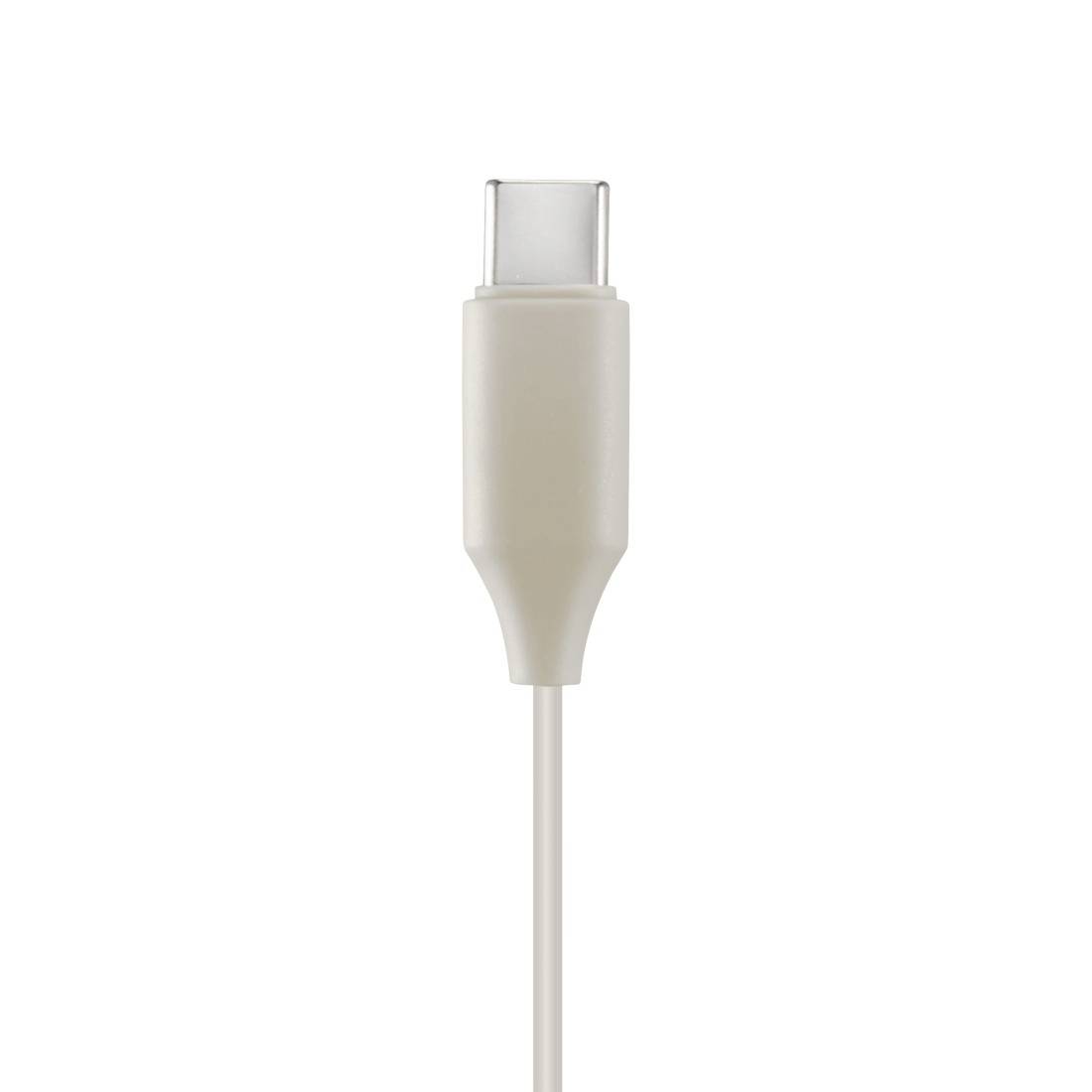 Ein weißer USB-C-Kabelstecker auf einem schlichten weißen Hintergrund.