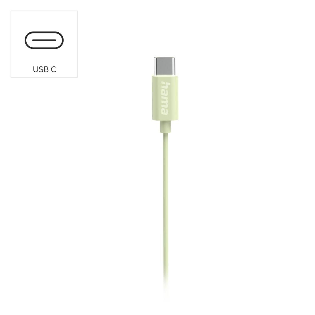 Ein hellgrünes USB-C-Kabel mit USB-C-Stecker; Einsatzsymbol kennzeichnet den Stecker als „USB C