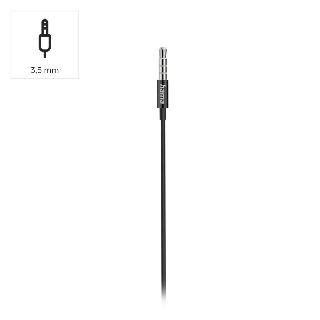 Schwarzes 3,5-mm-Audiokabel mit Steckerverbinder vor weißem Hintergrund.