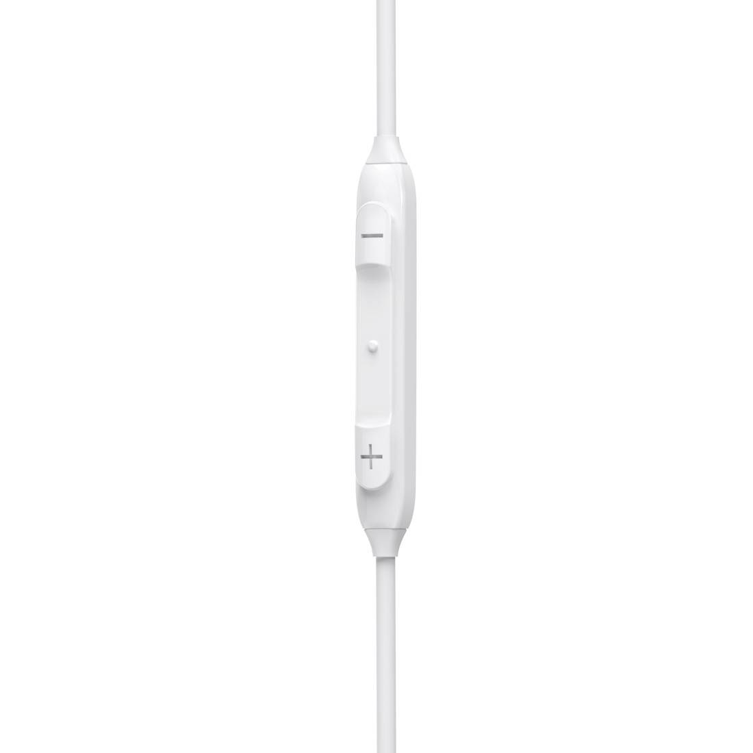 Weiße Inline-Steuerung auf einem Kabel mit Plus- und Minus-Tasten zur Lautstärkenanpassung oder Einstellungsanpassung.