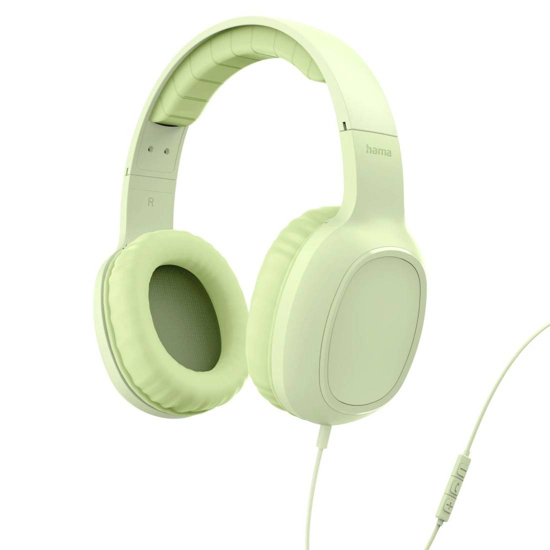 Hellgrüne Over-Ear-Kopfhörer mit Kabel auf weißem Hintergrund, Marke „hama