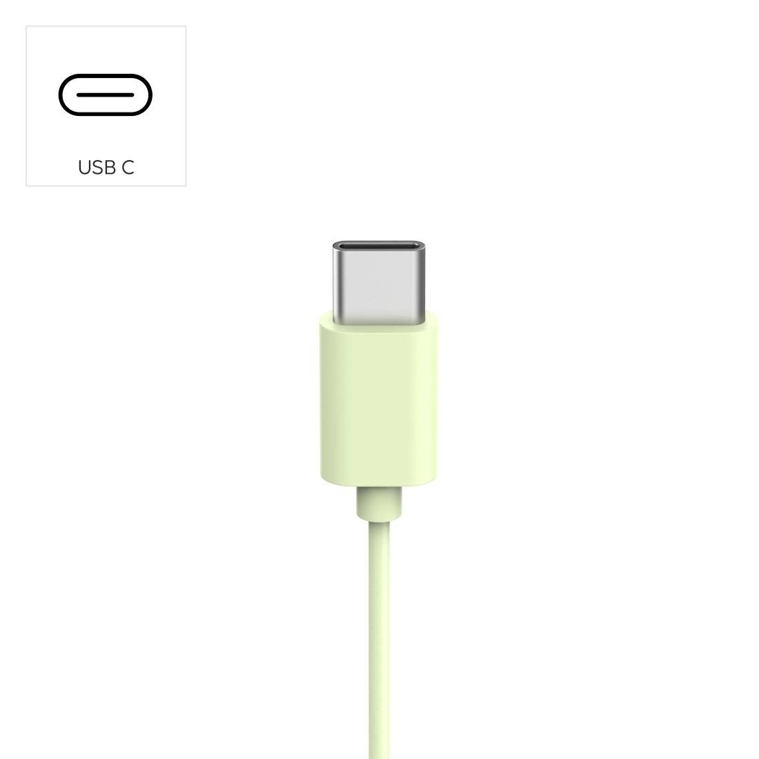 Illustration eines USB-C-Steckers auf einem hellgrünen Kabel, mit einem kleinen Etikett, das das USB-C-Anschlusssymbol und den Text „USB C