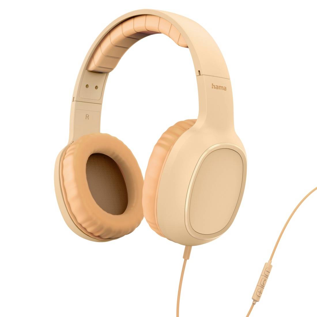 Beige kabelgebundene Over-Ear-Kopfhörer mit gepolsterten Ohrmuscheln und sichtbarem Hama-Branding auf weißem Hintergrund.