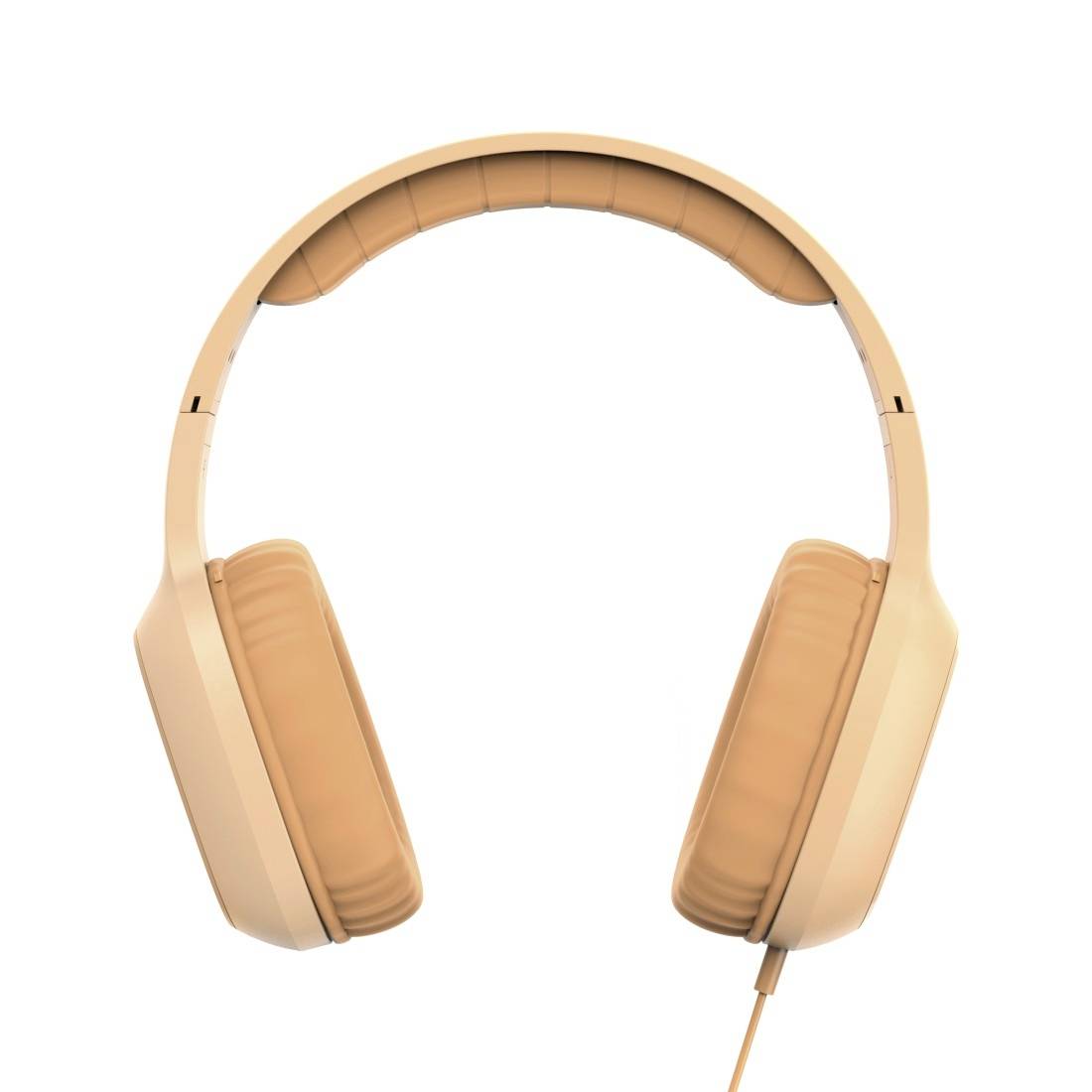 Beige Over-Ear-Kopfhörer mit gepolsterten Ohrmuscheln und Kopfbügel, Vorderansicht auf weißem Hintergrund dargestellt.