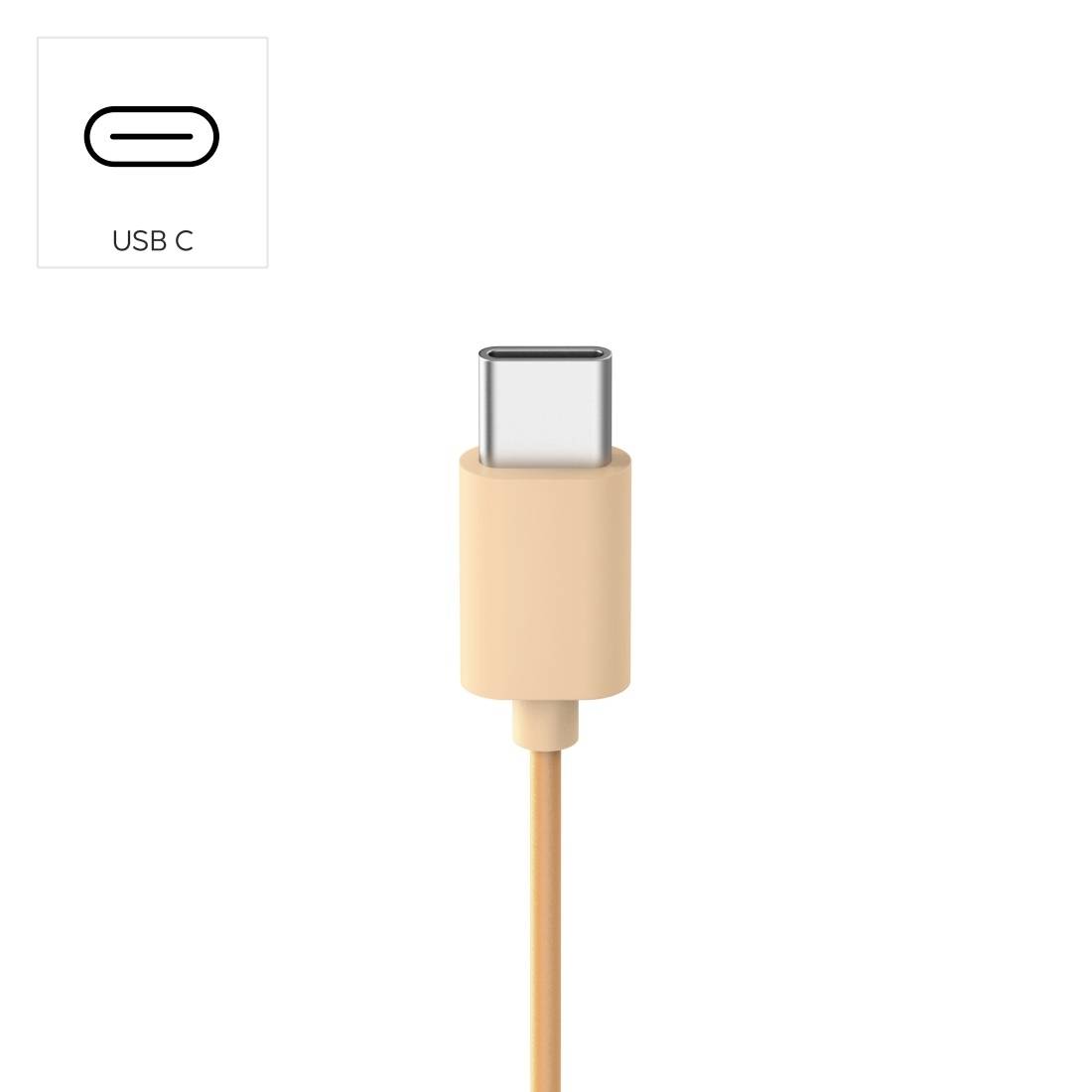 USB-C-Anschluss mit beigem Kabel und Nahaufnahmesymbol mit der Bezeichnung „USB C
