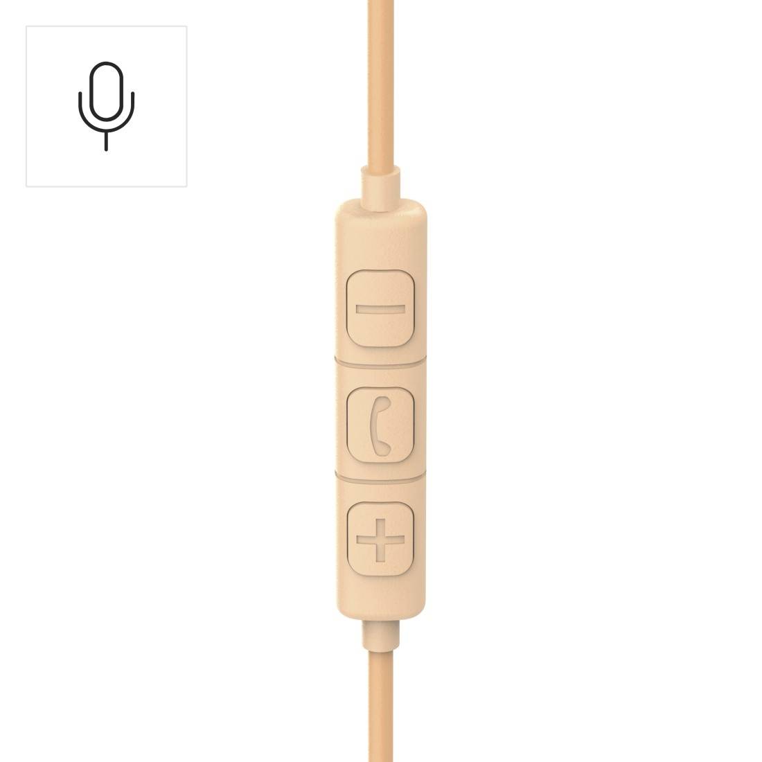 Beige-farbenes In-Ear-Headset mit Fernbedienung, Mikrofonsymbol und Lautstärke-/Anruftasten am Kabel.