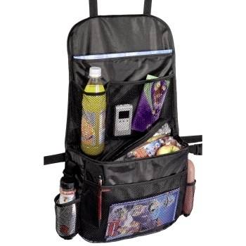 Schwarzer Autositzorganizer mit mehreren Netztaschen, der eine Trinkflasche, Snacks und kleine Gegenstände hält