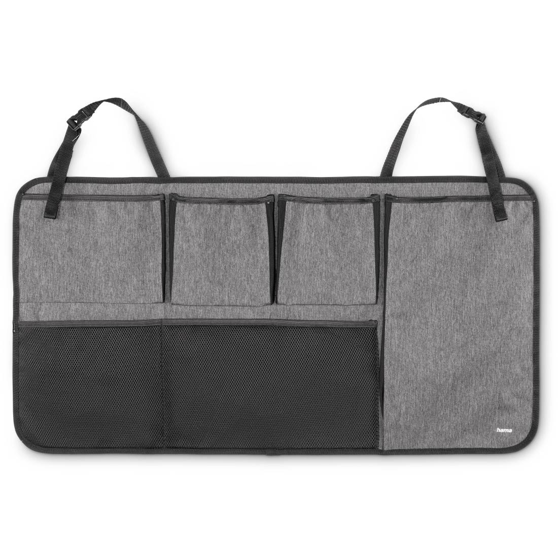 Grauer Autositzorganizer mit zwei Aufhängebändern, drei oberen Taschen und zwei großen unteren Netzfächern