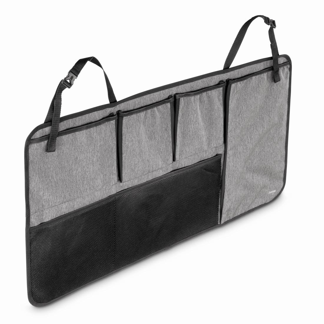 Grauer hängender Kofferorganizer mit mehreren Taschen und verstellbaren Riemen zur Aufbewahrung an der Autositzlehne